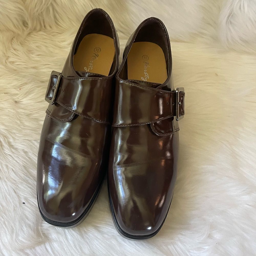 Herstyle Rosaliba Brown patent platform 2”block heels shoes side buckle …
